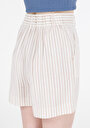 thumb-Regular Fit Yüksek Bel Çizgili Kadın Bej Şort