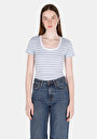 thumb-Slim Fit Kare Yaka Çizgili Kadın Mavi Kısa Kol Tişört