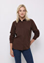 thumb-Regular Fit Shirt Neck Cepsiz Düz Kadın Kahverengi Uzun Kol Gömlek