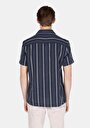 thumb-Regular Fit Pamuklu Shirt Neck Çizgili Erkek Lacivert Kısa Kol Gömlek