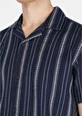 thumb-Regular Fit Pamuklu Shirt Neck Çizgili Erkek Lacivert Kısa Kol Gömlek