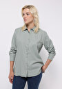 thumb-Regular Fit Shirt Neck Cepsiz Düz Kadın Yeşil Uzun Kol Gömlek