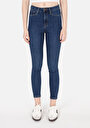 thumb-Skinny Fit Yüksel Bel Dar Paça Kadın İndigo Denim Jean Pantolon