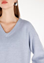 thumb-Regular Fit V Yaka Düz Kadın Mavi Triko Kazak