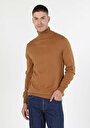 thumb-Slim Fit Balıkçı Yaka Jakarlı Erkek Camel Kazak