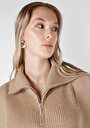 thumb-Regular Fit Fermuarlı Düz Kadın Bej Kazak