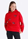 thumb-Regular Fit Kapüşonlu Baskılı Kadın Kirmizi Sweatshirt