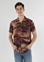 thumb-Regular Fit Shirt Neck Baskılı Erkek Kahverengi Kısa Kol Gömlek