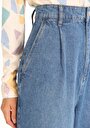 thumb-Regular Fit Yüksel Bel Geniş Paça Cepli Kadın İndigo Denim Jean Pantolon