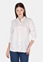 thumb-Regular Fit Shirt Neck Çizgili Kadın Beyaz Uzun Kol Gömlek