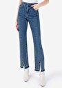 thumb-Regular Fit Yüksek Bel Yırtmaçlı Paça Kadın İndigo Jean Pantolon