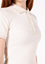 thumb-Slim Fit Polo Yaka Düz Kadın Ekru Kısa Kol Tişört