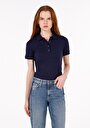 thumb-Slim Fit Polo Yaka Düz Kadın Lacivert Kısa Kol Tişört