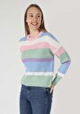 thumb-Regular Fit Yuvarlak Yaka Çizgili Kadın Çok Renkli Kazak