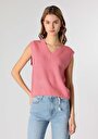 thumb-Regular Fit V Yaka Düz Kadın Pembe Kazak
