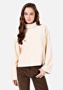 thumb-Comfort Fit Balıkçı Yaka  Kadın Ekru Uzun Kol Tişört