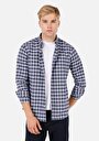 thumb-Regular Fit Cepsiz Shirt Neck Ekoseli Erkek Lacivert Uzun Kol Gömlek