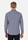 thumb-Regular Fit Cepsiz Shirt Neck Ekoseli Erkek Lacivert Uzun Kol Gömlek