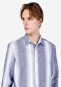 thumb-Regular Fit Shirt Neck Çizgili Erkek Lacivert Uzun Kol Gömlek