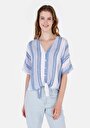 thumb-Regular Fit V Yaka Çizgili Kadın Mavi Kısa Kol Gömlek