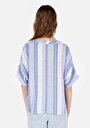 thumb-Regular Fit V Yaka Çizgili Kadın Mavi Kısa Kol Gömlek