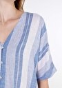 thumb-Regular Fit V Yaka Çizgili Kadın Mavi Kısa Kol Gömlek