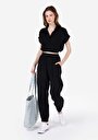 thumb-Regular Fit Yüksel Bel Düz Paça Bağcık Detaylı Kadın Siyah Pantolon