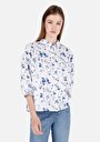 thumb-Regular Fit Shirt Neck Çiçekli Kadın Beyaz ¾ Kol Gömlek