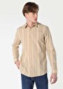 thumb-Regular Fit Shirt Neck Çizgili Erkek Bej Uzun Kol Gömlek