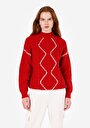 thumb-Regular Fit Turtle Neck Nakışlı Kadın Kirmizi Kazak