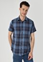 thumb-Regular Fit Shirt Neck Ekoseli Erkek Lacivert Kısa Kol Gömlek