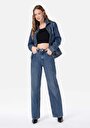thumb-Regular Fit Yüksel Bel Geniş Paça Fermuarlı Kadın İndigo Denim Jean Pantolon