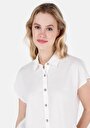 thumb-Regular Fit Shirt Neck Cepsiz Düz Kadın Beyaz Kısa Kol Gömlek