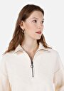 thumb-Regular Fit Fermuarlı Jakarlı Kadın Ekru Uzun Kol Tişört