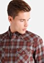 thumb-Regular Fit Pamuklu Shirt Neck Ekoseli Erkek Kahverengi Uzun Kol Gömlek