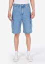 thumb-Cargo Fit Orta Bel Düz Erkek İndigo Jean Şort