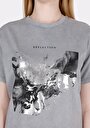 thumb-Regular Fit Yuvarlak Yaka Baskılı Kadın Gri Kısa Kol Tişört