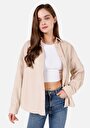 thumb-Regular Fit Shirt Neck Pamuklu Düz Kadın Bej Uzun Kol Gömlek