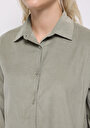 thumb-Regular Fit Shirt Neck Pamuklu Düz Kadın Yeşil Uzun Kol Gömlek