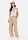 thumb-Regular Fit Yüksel Bel Geniş Paça Cepli Kadın Bej  Pantolon