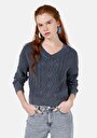 thumb-Regular Fit V Yaka Düz Kadın Mavi Kazak