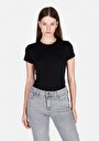thumb-Slim Fit Yuvarlak Yaka Örme Düz Kadın Siyah Kısa Kol Tişört