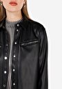 thumb-Regular Fit Dokuma Shirt Neck Kadın Siyah Uzun Kol Gömlek