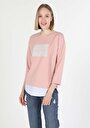 thumb-Regular Fit Yuvarlak Yaka Baskılı Kadın Pembe ¾ Kol Tişört
