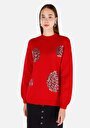 thumb-Regular Fit Yuvarlak Yaka Nakışlı Kadın Kirmizi Kazak