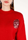 thumb-Regular Fit Yuvarlak Yaka Nakışlı Kadın Kirmizi Kazak
