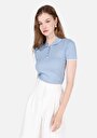 thumb-Slim Fit Polo Yaka Düz Kadın Mavi Kısa Kol Tişört