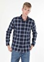 thumb-Regular Fit Shirt Neck Kareli Erkek Lacivert Uzun Kol Gömlek