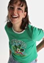 thumb-Slim Fit Yuvarlak Yaka Baskılı Kadın Yeşil Kısa Kol Tişört