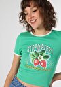 thumb-Slim Fit Yuvarlak Yaka Baskılı Kadın Yeşil Kısa Kol Tişört